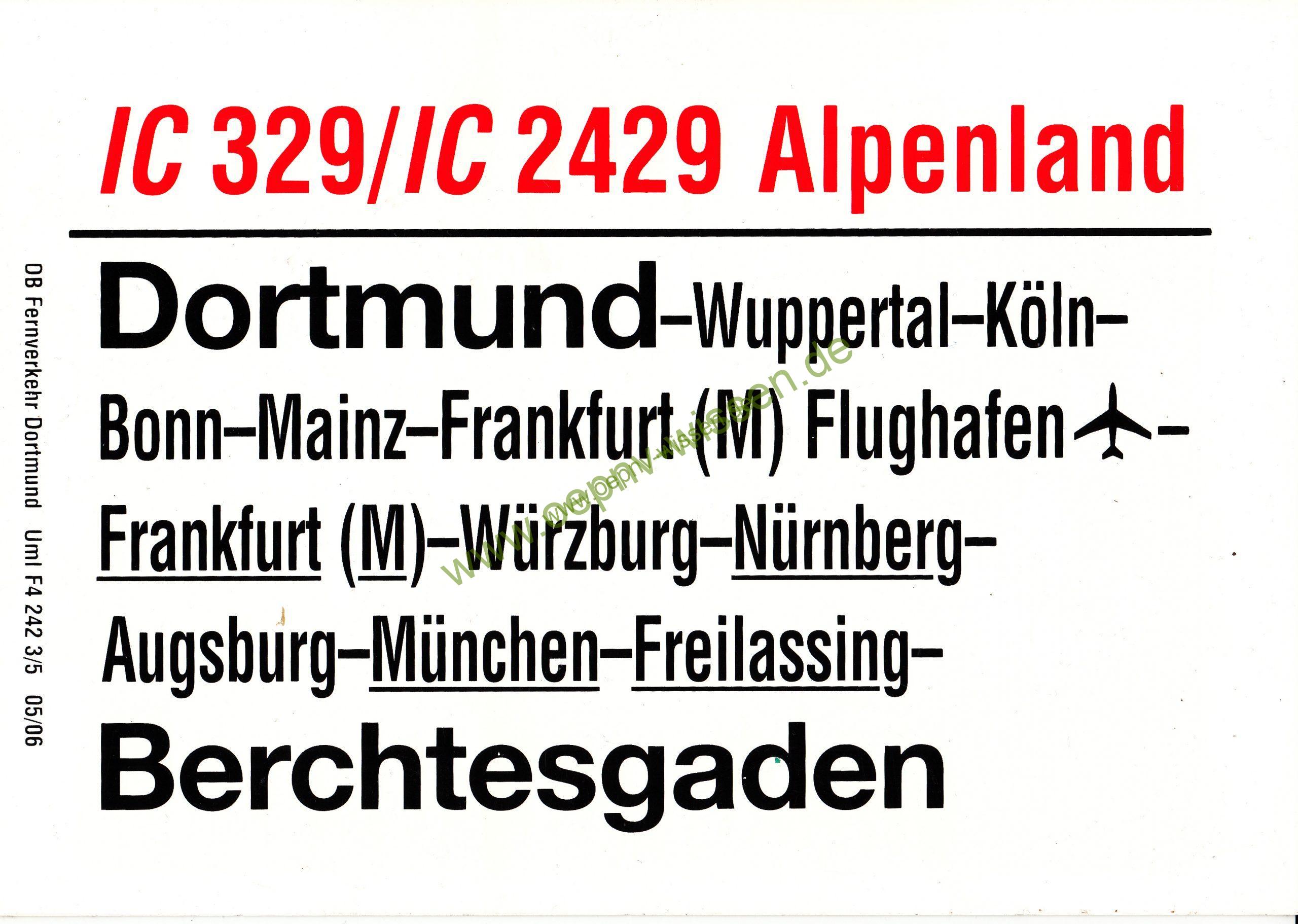 Zuglaufschild IC 329/IC 2429 Alpenland