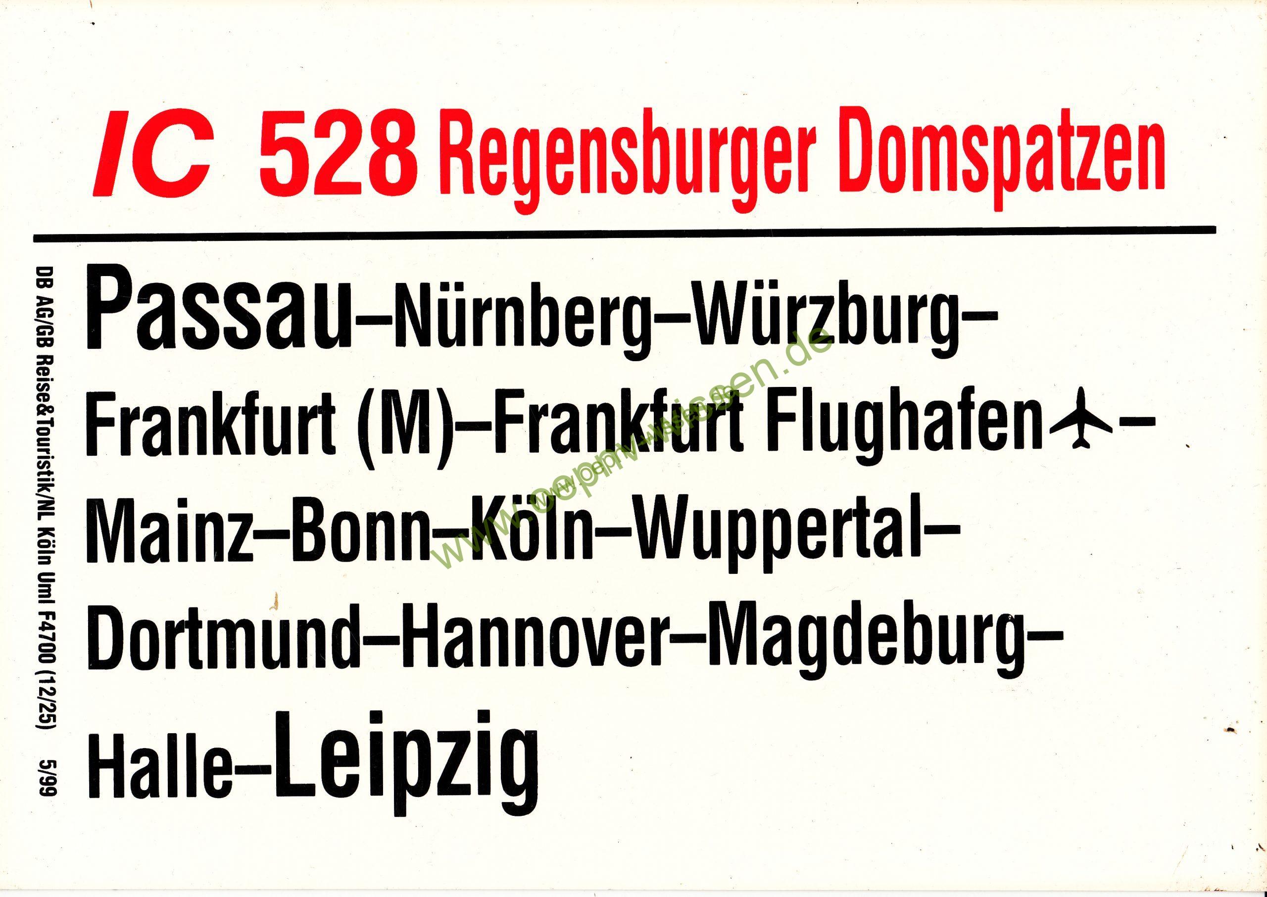Zuglaufschild IC 528 Regensburger Domspatzen
