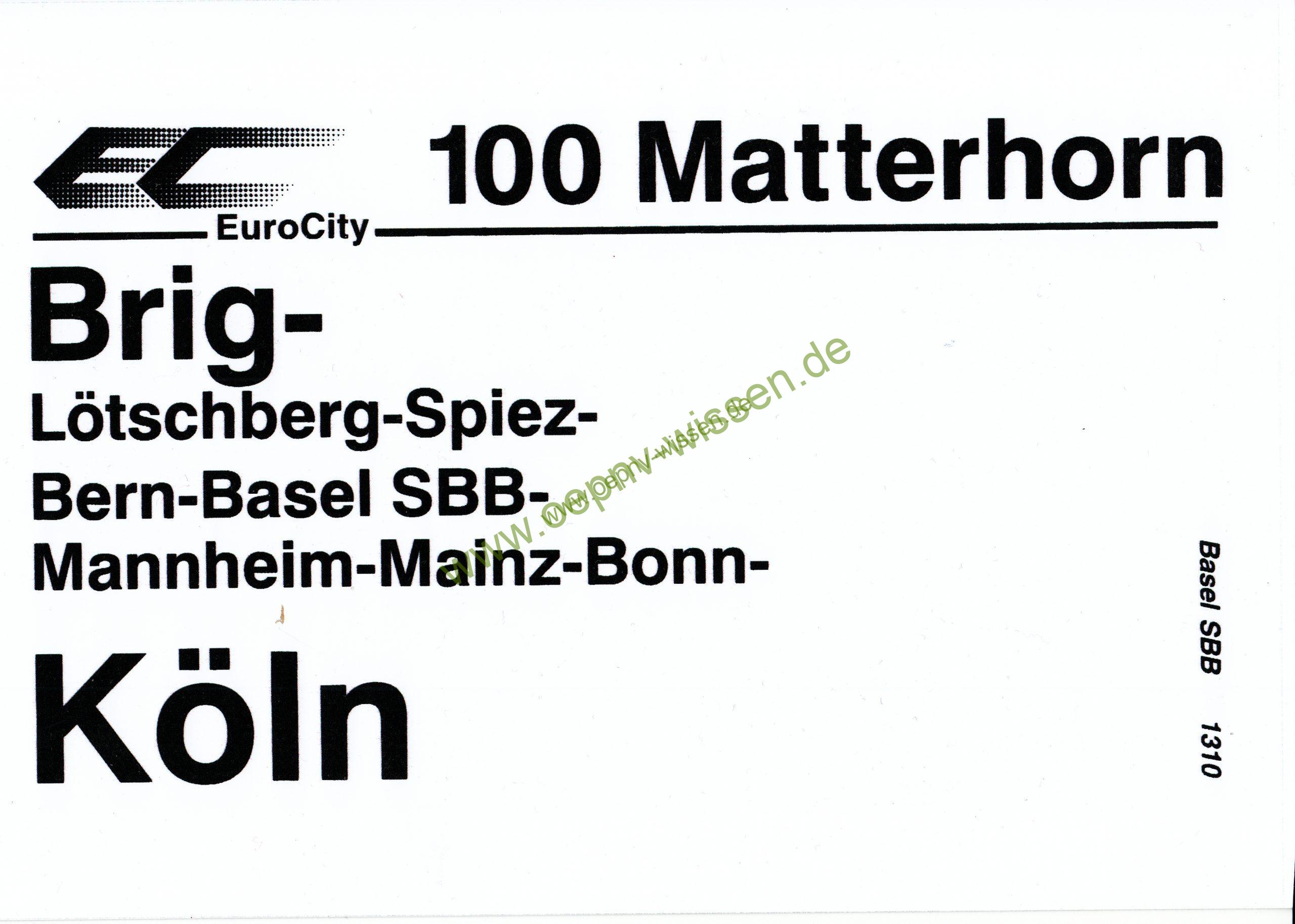 Zuglaufschild EC 100 Matterhorn ab FWI